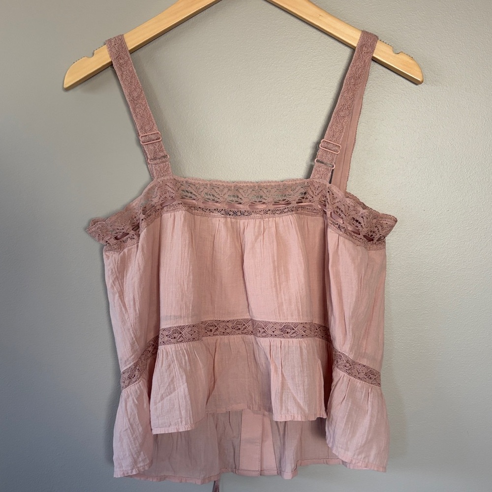 American Eagle Lace Pintuck Button Front Boho Tank Top Small Cami Crop Pink - Picture 6 of 12